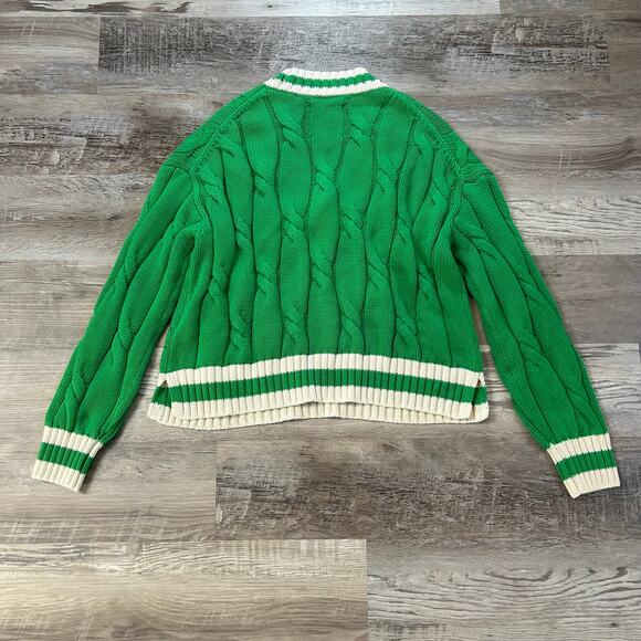 Aerie Sweater Green Cable Knit Cotton V-Neck Varsity Preppy Fall Medium - Picture 3 of 8